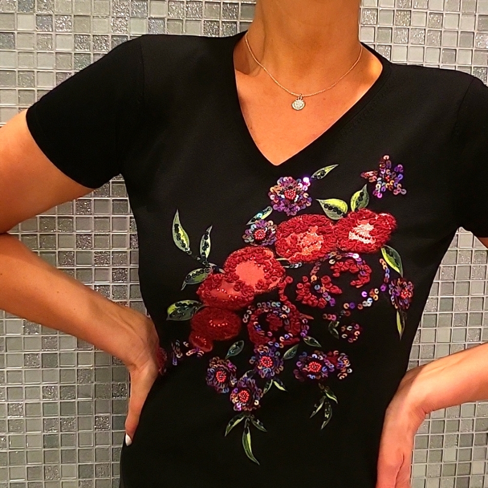 Black Sequined Embroidered Knit Top, Floral Garden Motif, *S/M - Picture 5 of 13